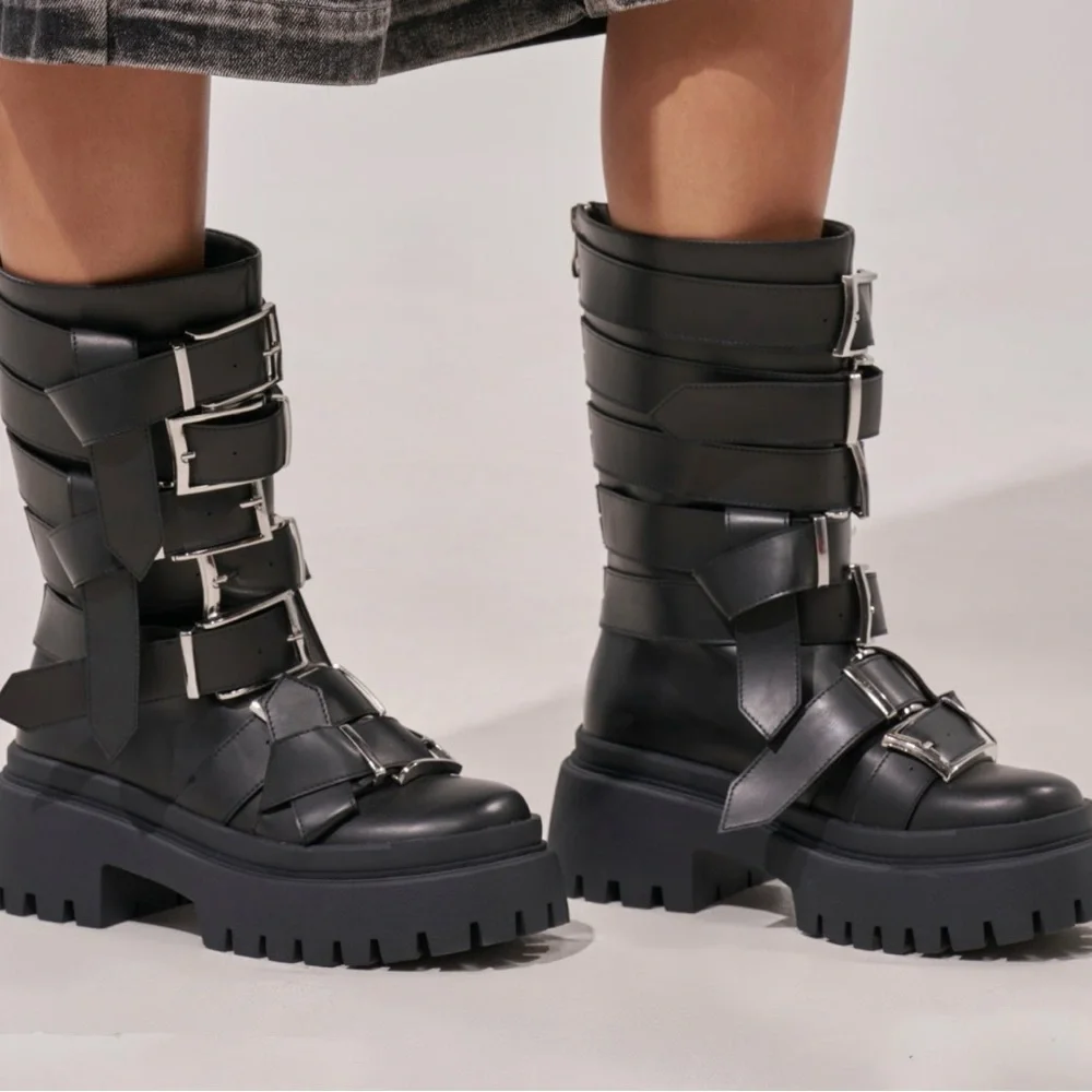 AKIRA Black Multi-Buckle Combat Boots - Picture 3 of 6